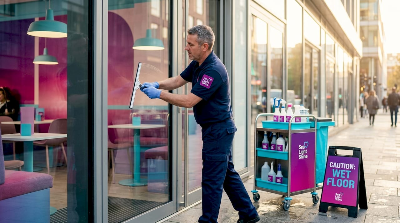 Janitor cleaning office entrance door