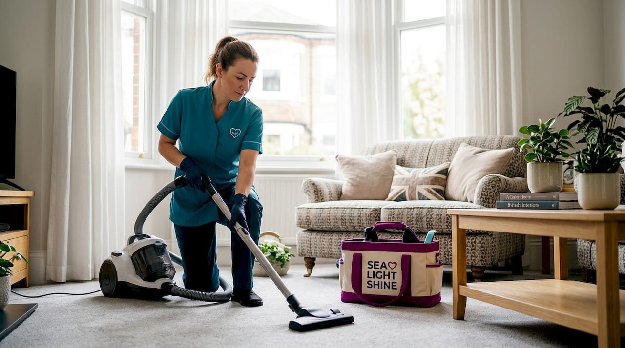 Cleaner vacuuming carpet in living room