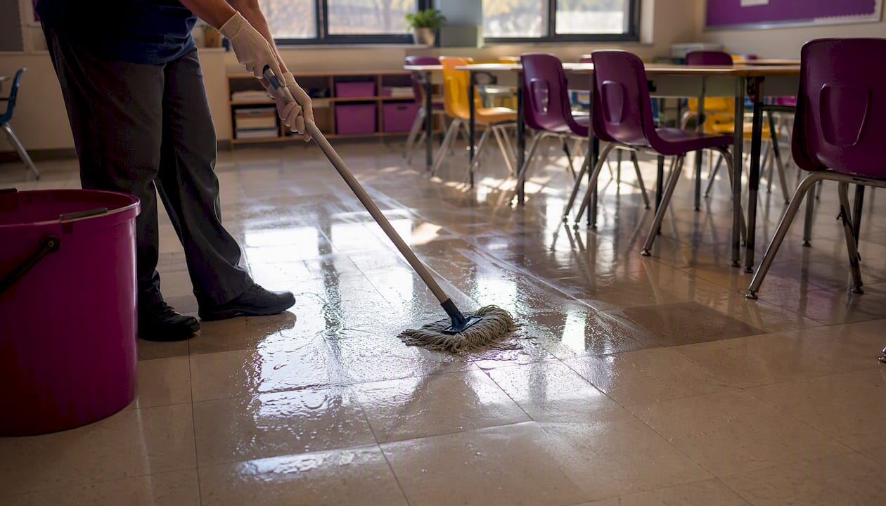 Janitor mopping classroom floor