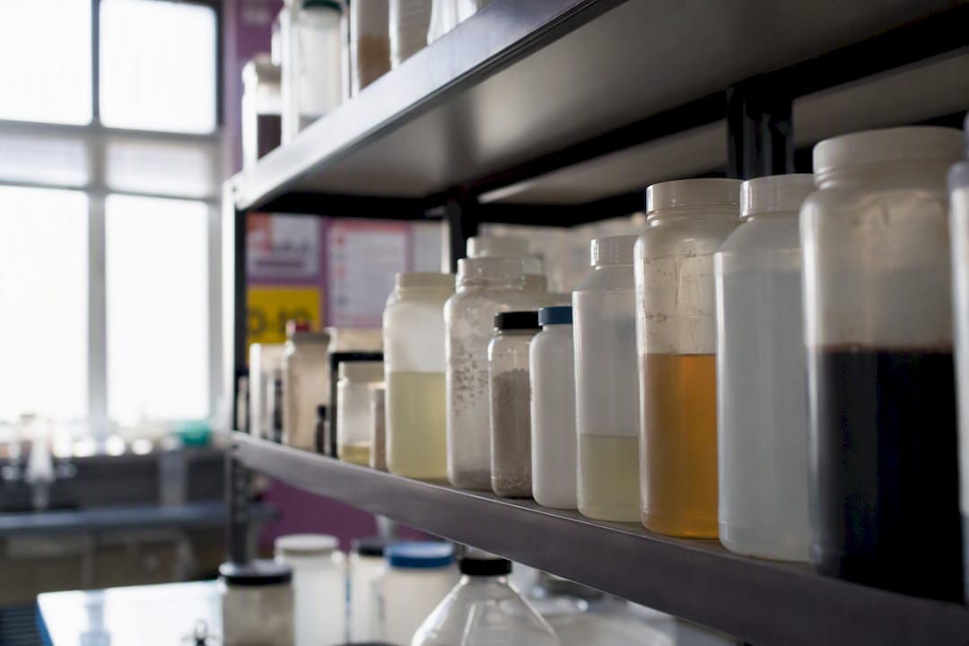 School science lab chemical storage shelves